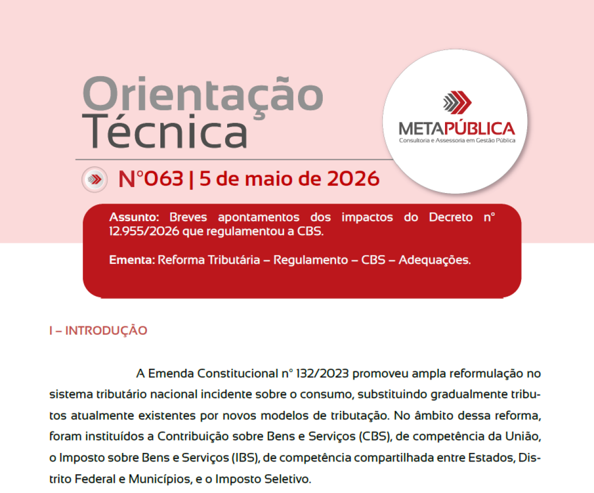 Imagem principal de ORIENTAÇÃO TÉCNICA METAPÚBLICA 063 - 05 de maio de 2026